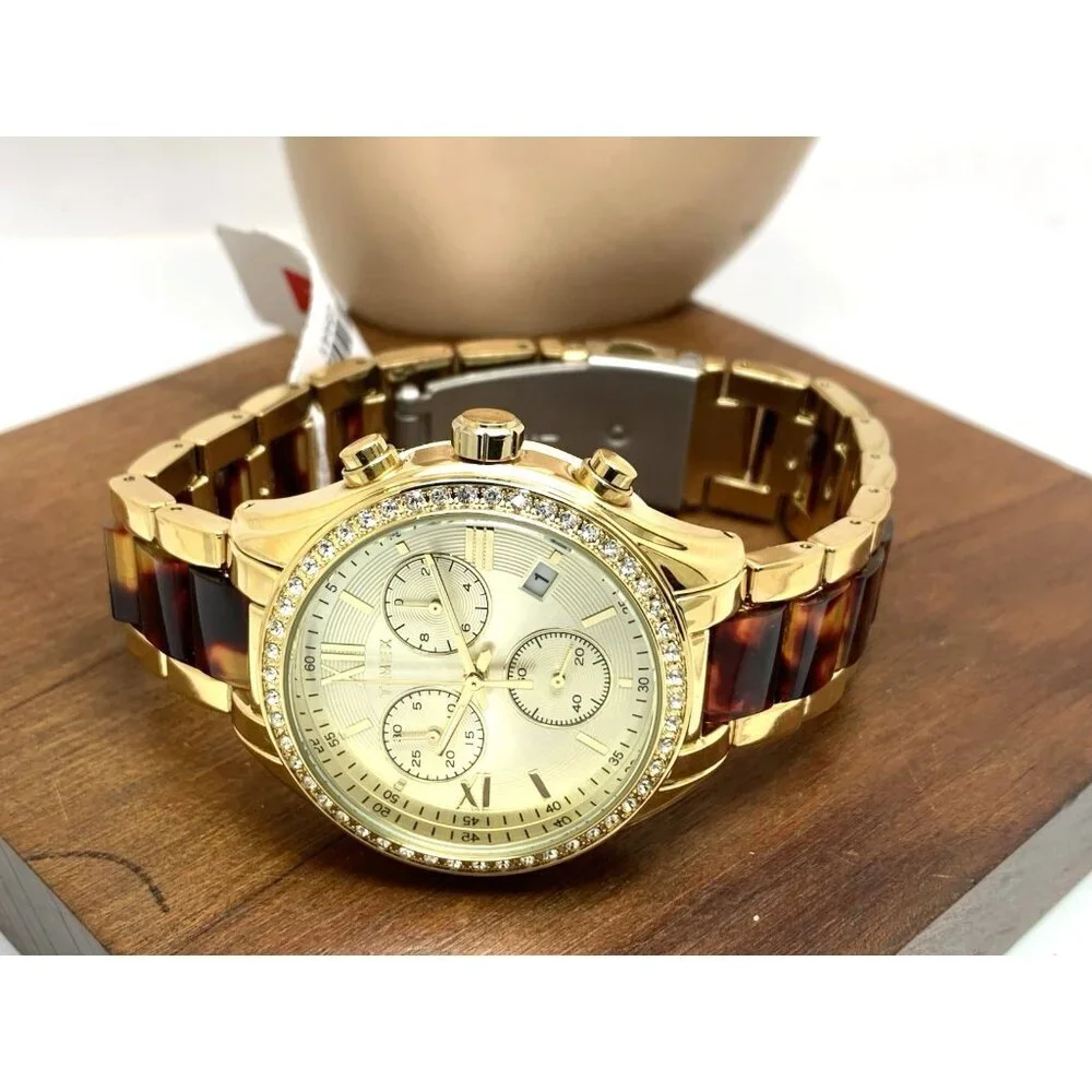 Timex Women's Watch TW2V74800 Quartz Chronograph Gold Tortoise Gemmed 38mm